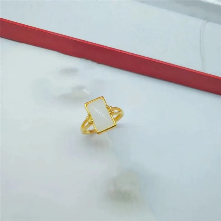 Adjustable brass gold-plated ring with electroplated artificial gemstone inlay in national style design