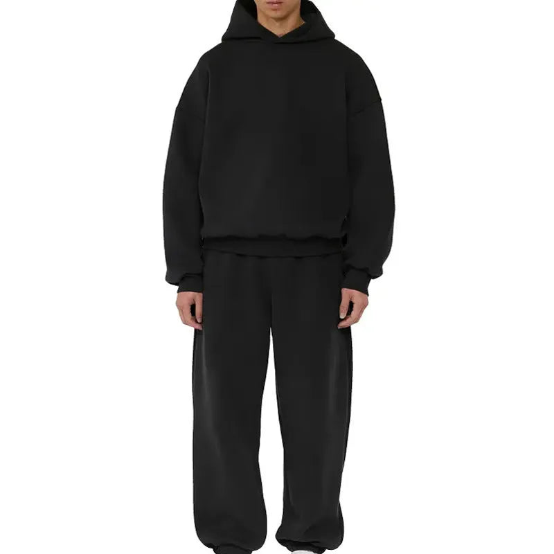 A man's grey fleece-lined pullover sweatshirt with long sleeves, shown on a hanger.