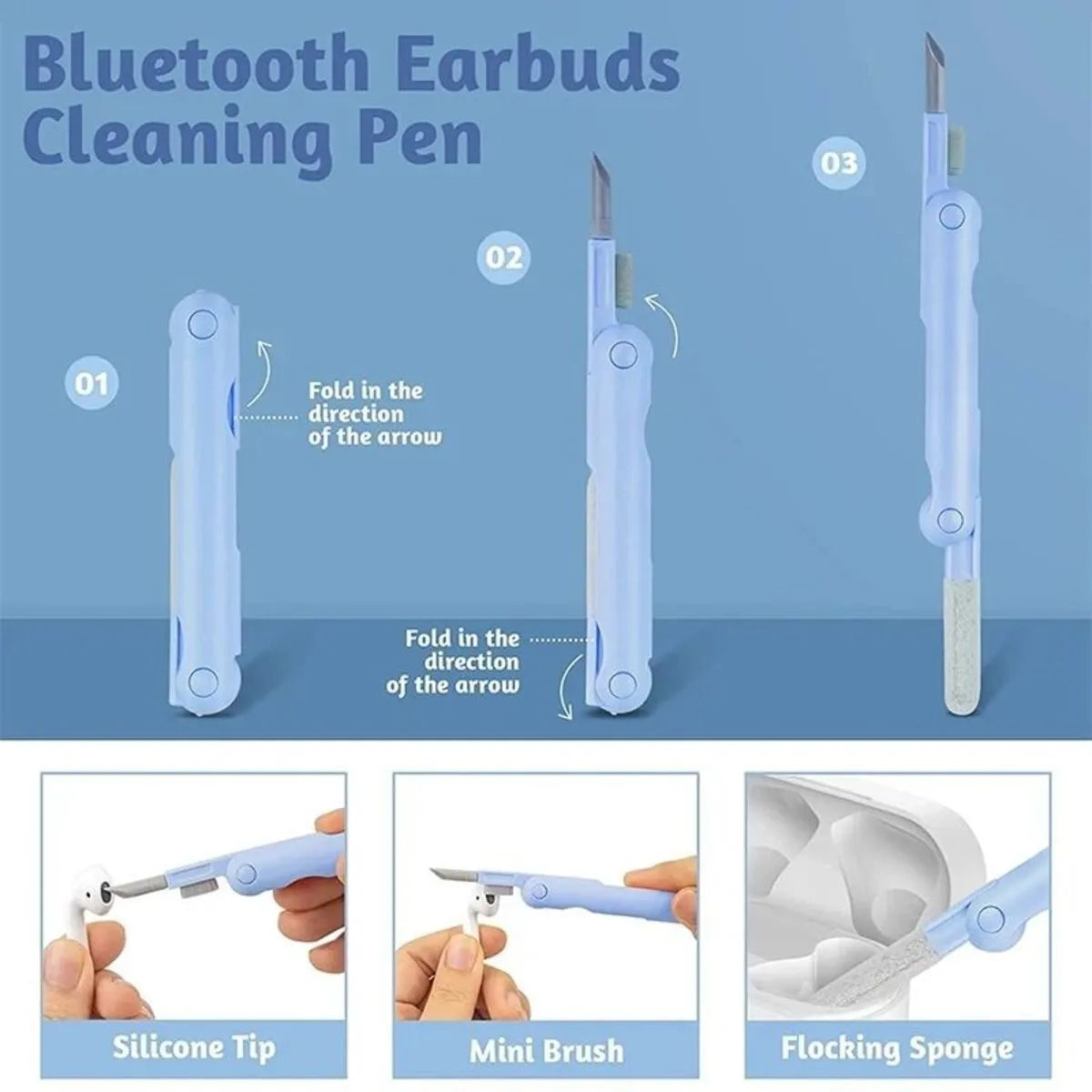 7-in-1 computer keyboard cleaner brush kit with earphone cleaning pen and keycap puller on blue background