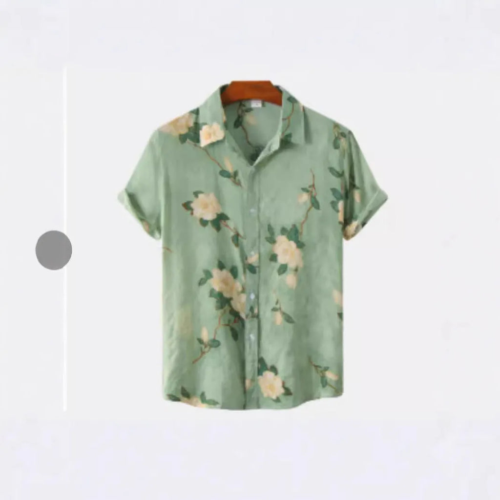 Men's Hawaiian print short sleeve shirt with lapel collar in floral pattern digital printed on elastic polyester fabric