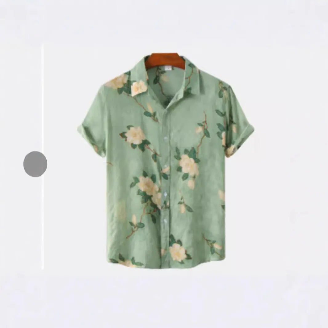 Men's Hawaiian print short sleeve shirt with lapel collar in floral pattern digital printed on elastic polyester fabric