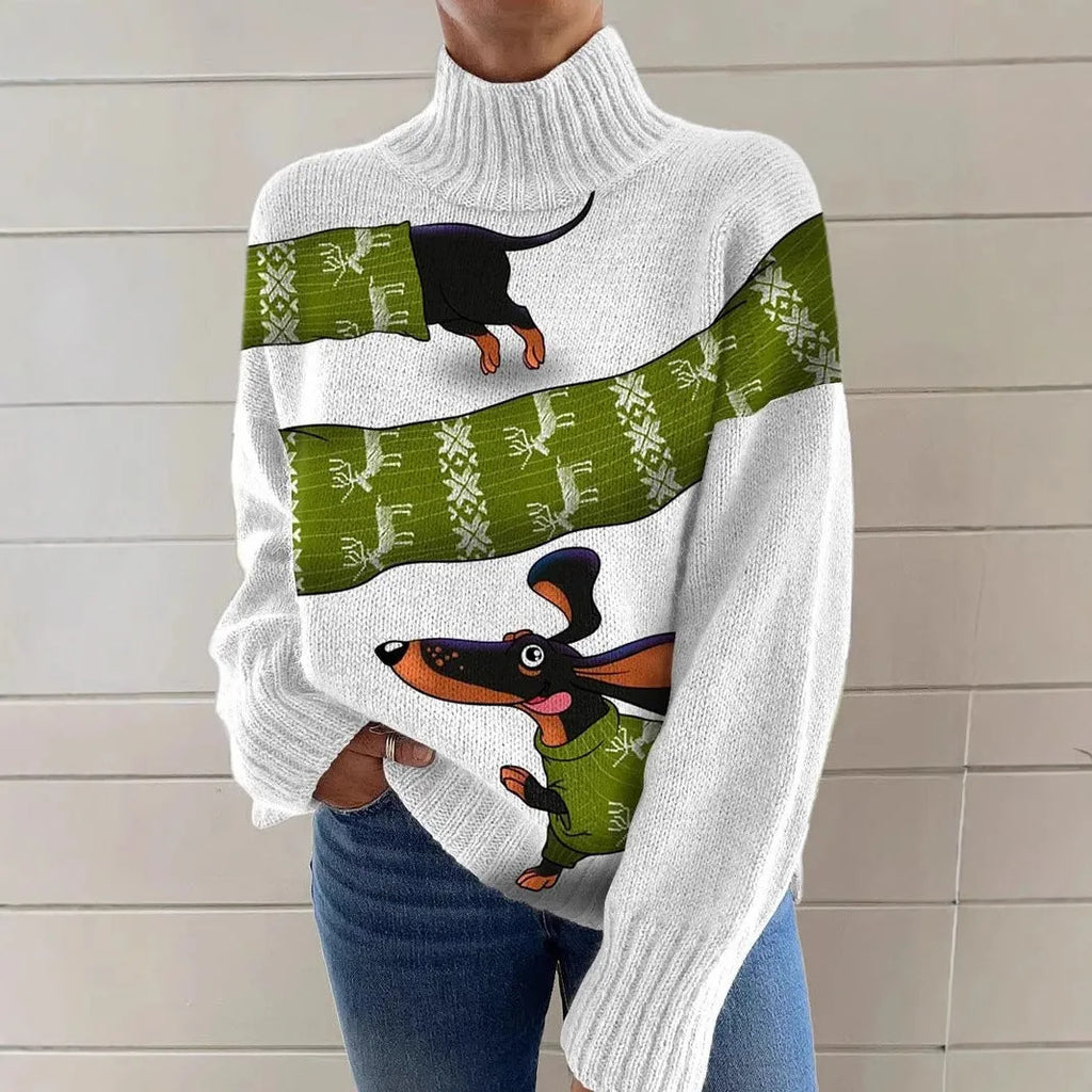 Women's Christmas printed turtleneck sweater with painting pattern on thick knit polyester fabric