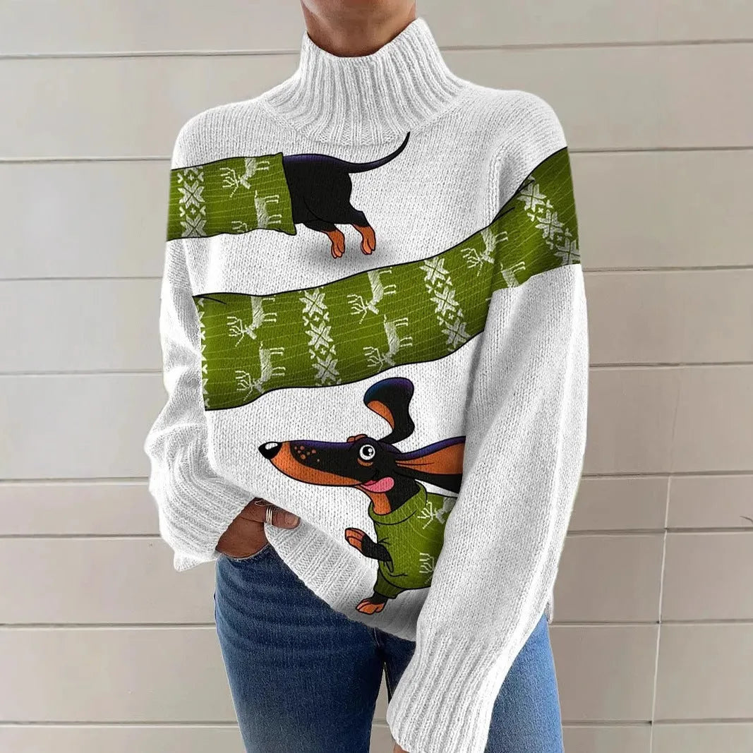 Women's Christmas printed turtleneck sweater with painting pattern on thick knit polyester fabric
