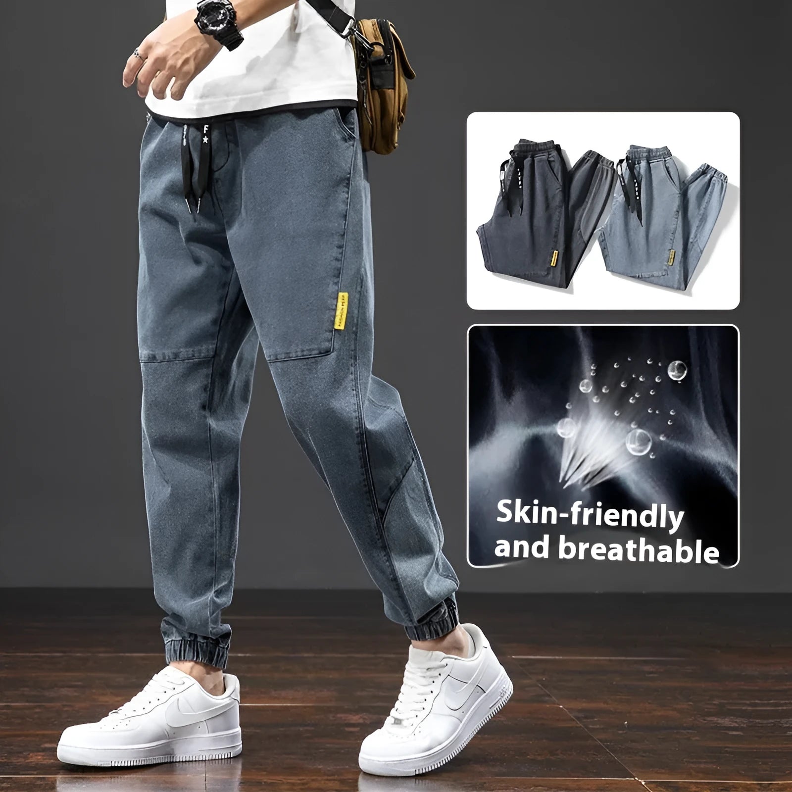 Men's loose cargo casual jeans in micro-elastic cotton with Korean-style straight cut and non-ironing finish