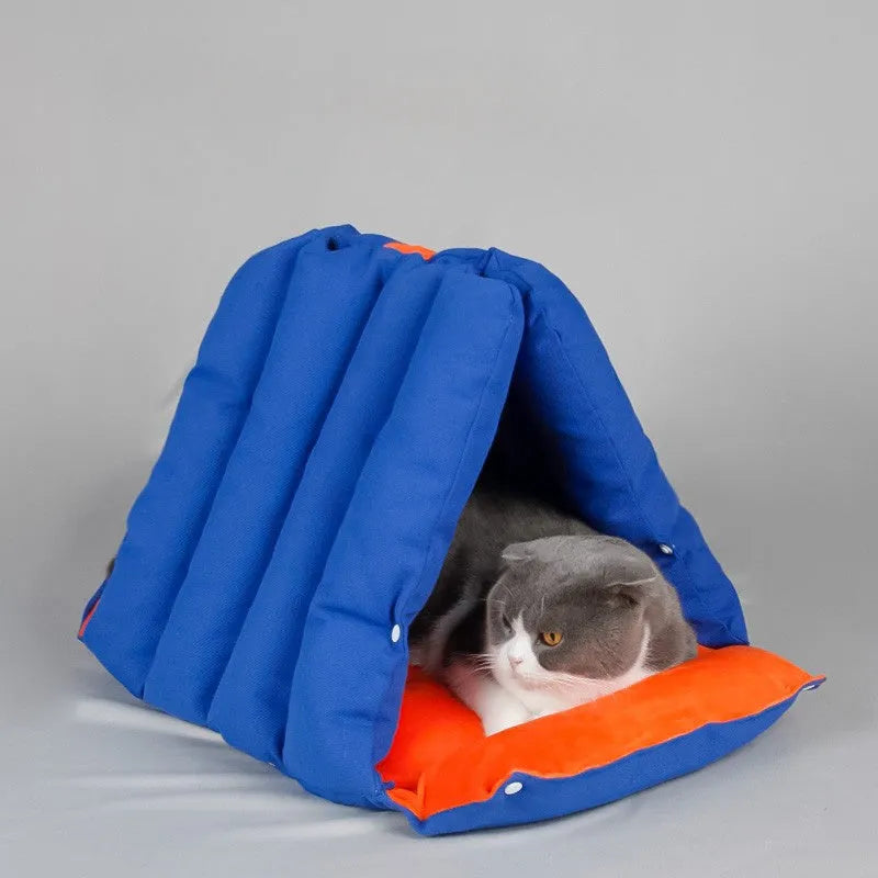 Triangular blue cat nest with drilled combination holes and removable cotton cover