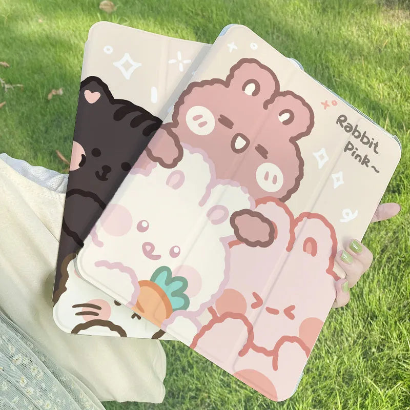 Rabbit cartoon design silicone tri-fold protective case for an Apple iPad in stand mode.