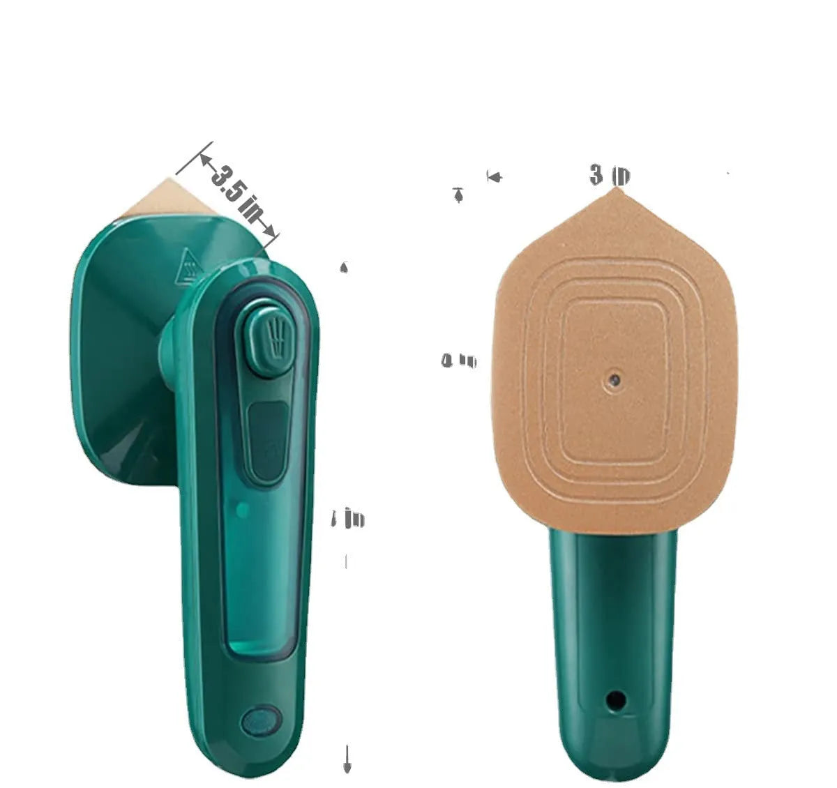 Dark green handheld garment ironing machine with titanium panel and mini steam design for travel and home use.