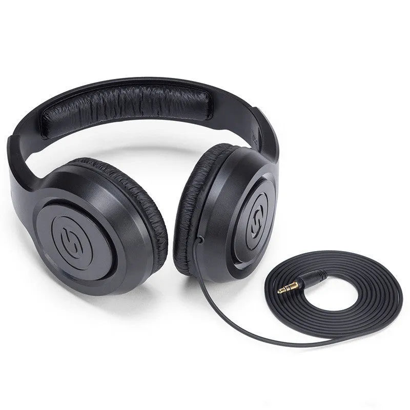 Fully enclosed headworn monitoring earphones in black industrial style, one pair
