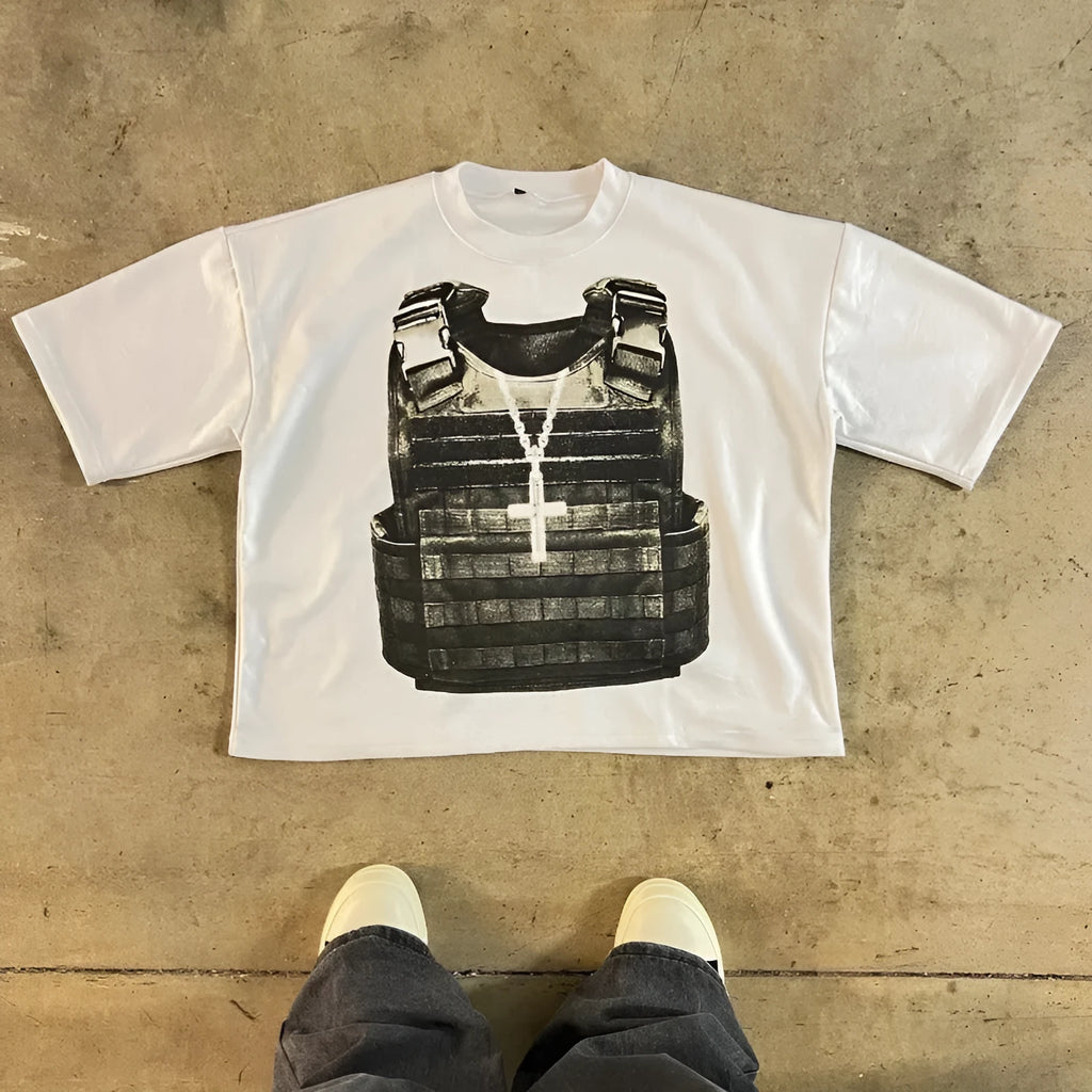Printed cotton short sleeve t-shirt with retro street style design and drop-shoulder sleeves