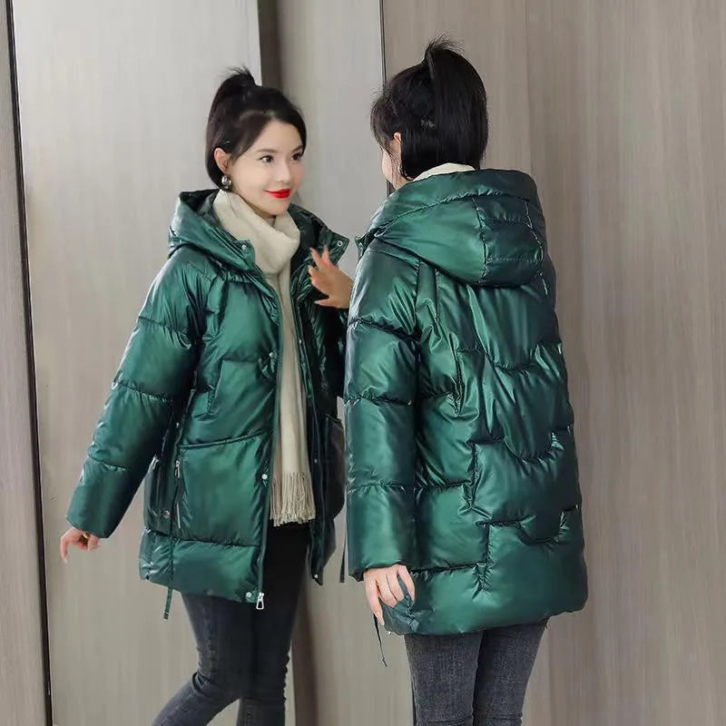 Women's loose fit thick acrylic winter jacket with hood in blue colour