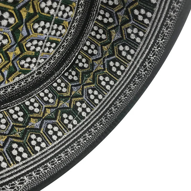 Flat top cotton Muslim hat for men in yellow green with embroidered detailing