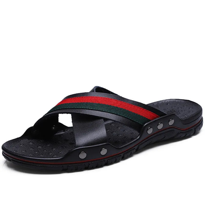 Men's cowhide flip-flop sandals with non-slip PU soles in white, blue, or black colours