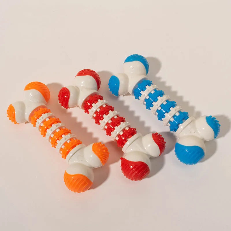 Blue bone-shaped interactive dog toy with chewable ends and central treat compartment for small breed dogs