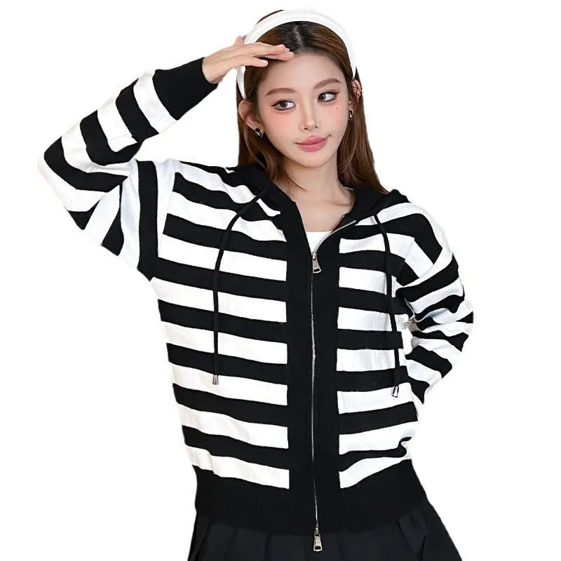 Black striped contrast colour women's hooded zip cardigan, loose knitted cashmere coat, 50cm length, sizes S to XL
