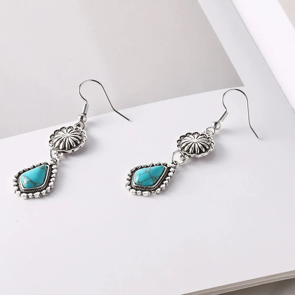 Bohemian Vintage Carved Turquoise Long Earrings with green carved stone drop design