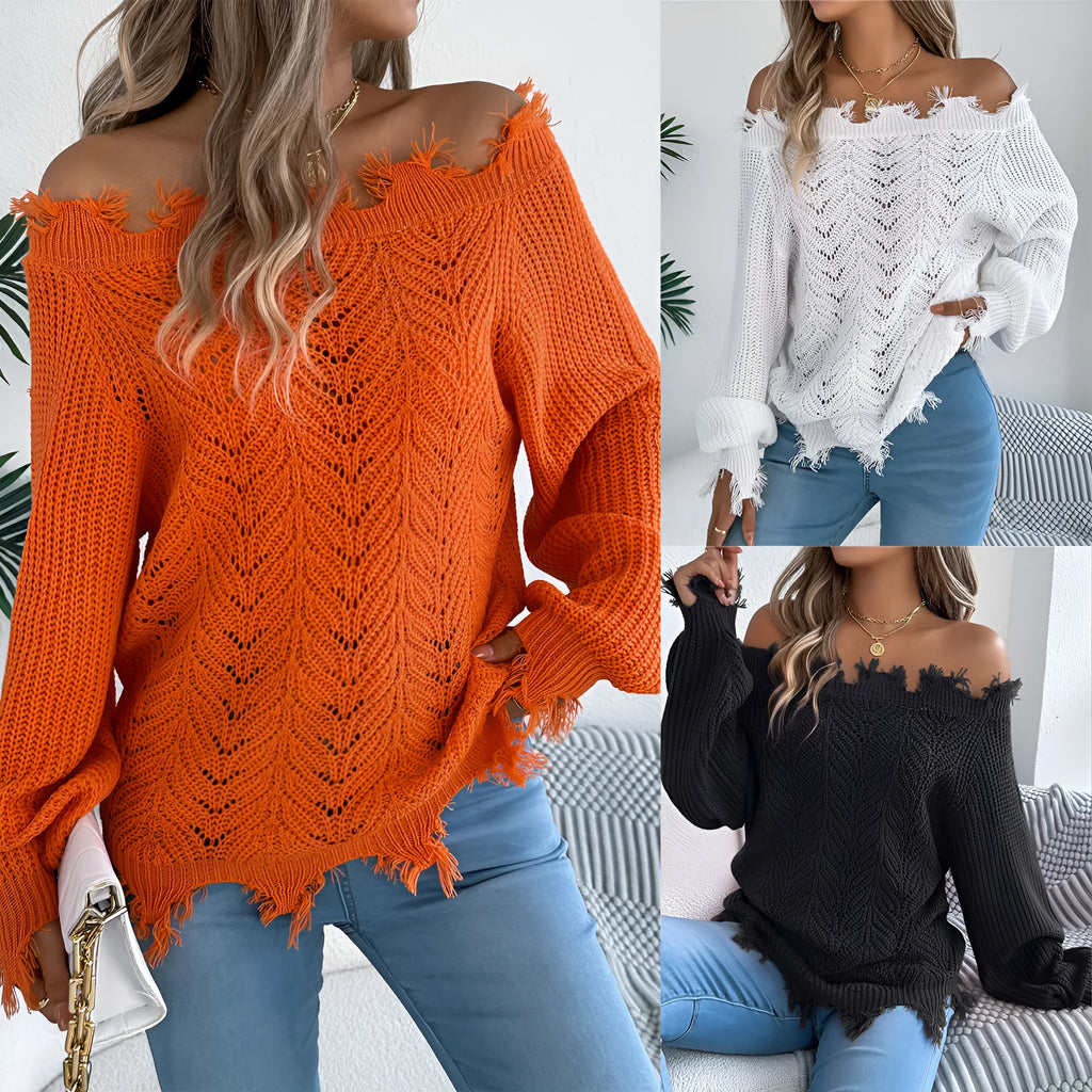 White hollow-out off-the-shoulder long-sleeve pullover sweater laid flat.