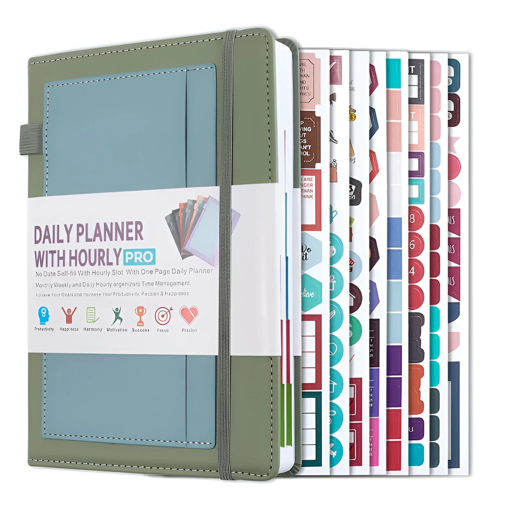 Undated A5 notebook with strap in purple PU cover, showing thread binding and closed with strap