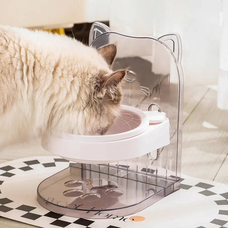 Grey anti-spill cat feeding bowl with neck protection and adjustable height mechanism