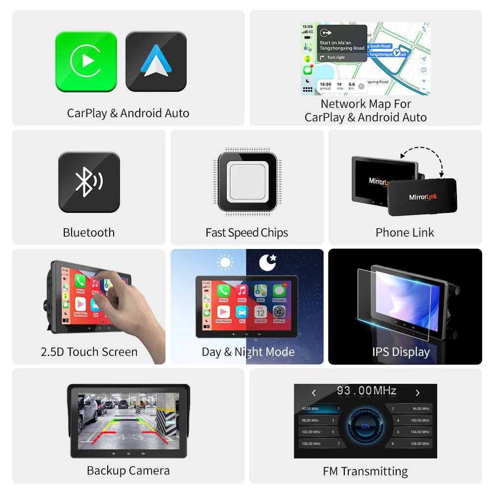 7-inch wireless CarPlay car display with suction cup mount and cigarette lighter power cable