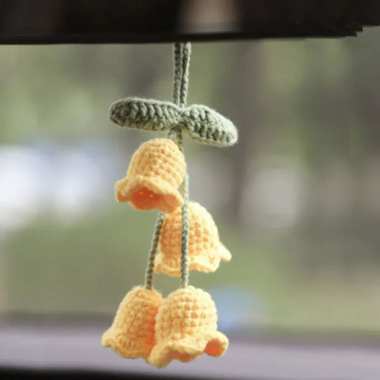 Green and white knitted wool macramé car air plant holder with hanging cord