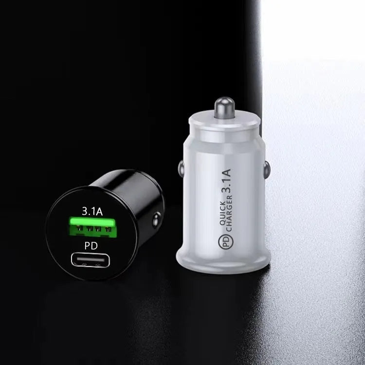 Black dual port car charger with USB-A and USB-C ports for 12V/24V vehicle charging