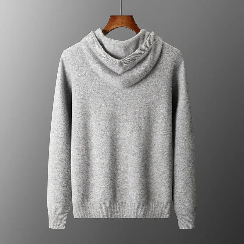 Men's light gray cashmere hoodie and matching trousers laid out as a complete casual two-piece set.