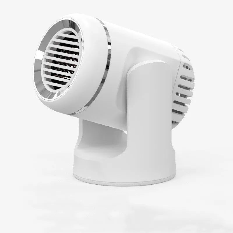 Black and white 12V compact car heater with power cord for defrosting and providing hot or cold air.