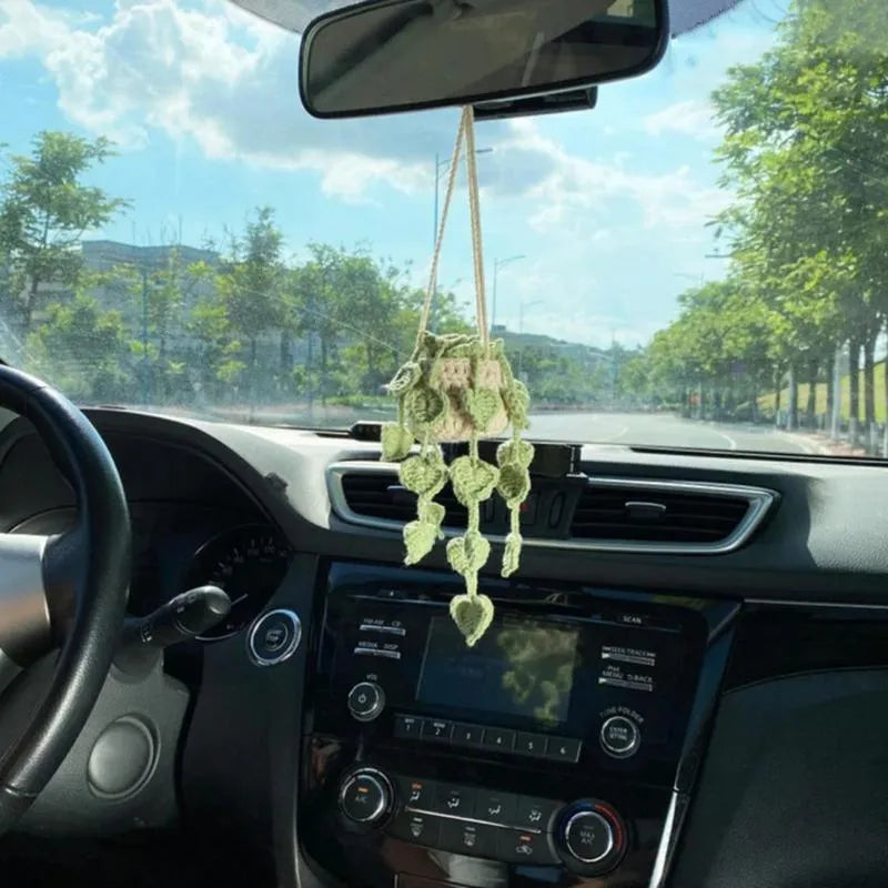 Green and white knitted wool macramé car air plant holder with hanging cord