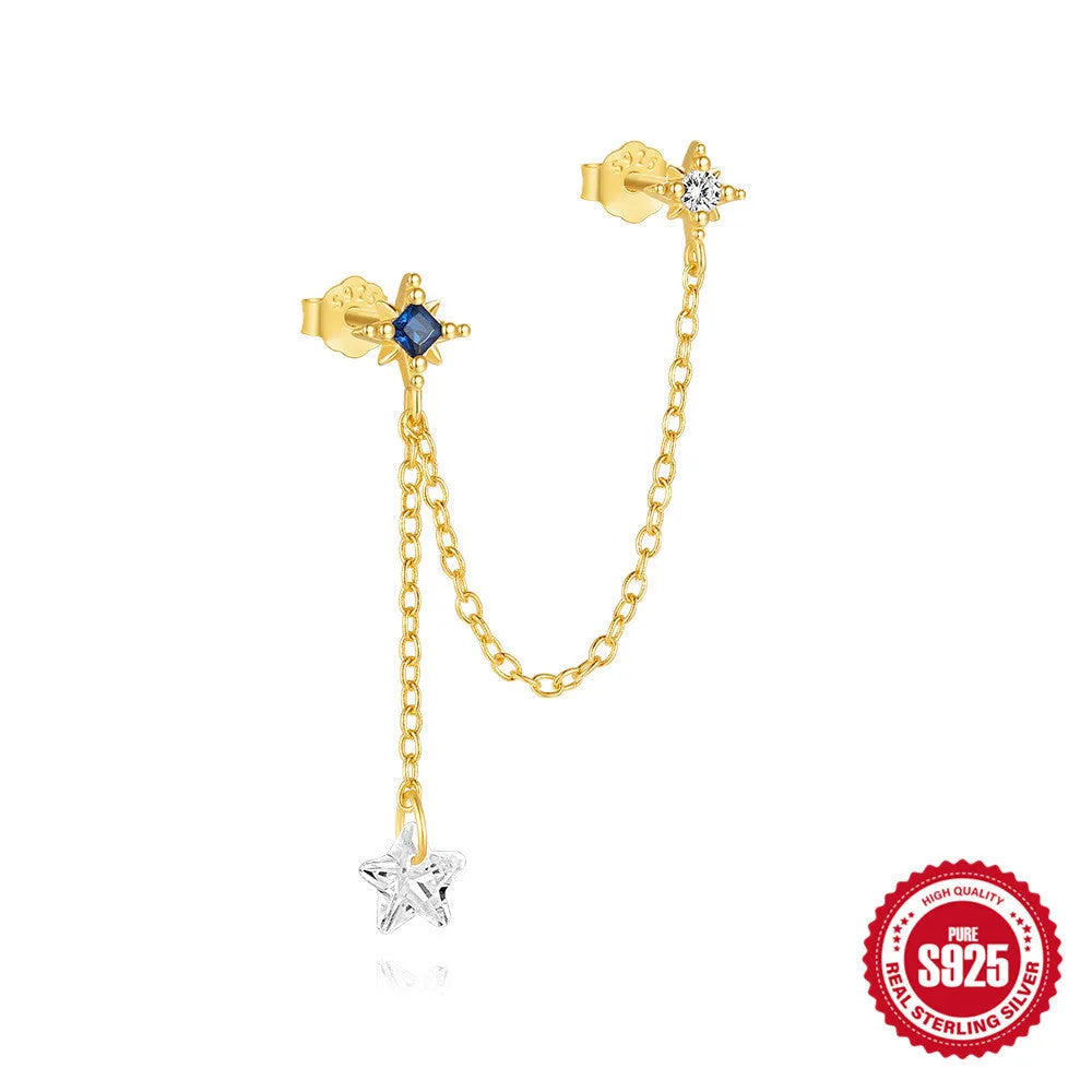 S925 sterling silver zircon chain stud earrings in golden colours with geometric designs