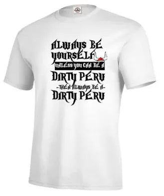 Men's solid white printed short sleeve polyester t-shirt on hanger showing front design