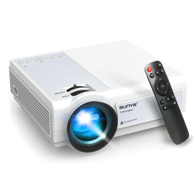 Portable HD projector in white with 1080p resolution and compact 185x199x75mm design