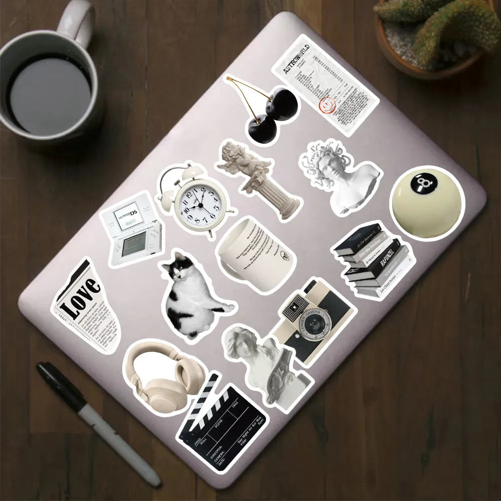 Black and white waterproof sticker sheet with 61 designs for laptop cup phone case decoration