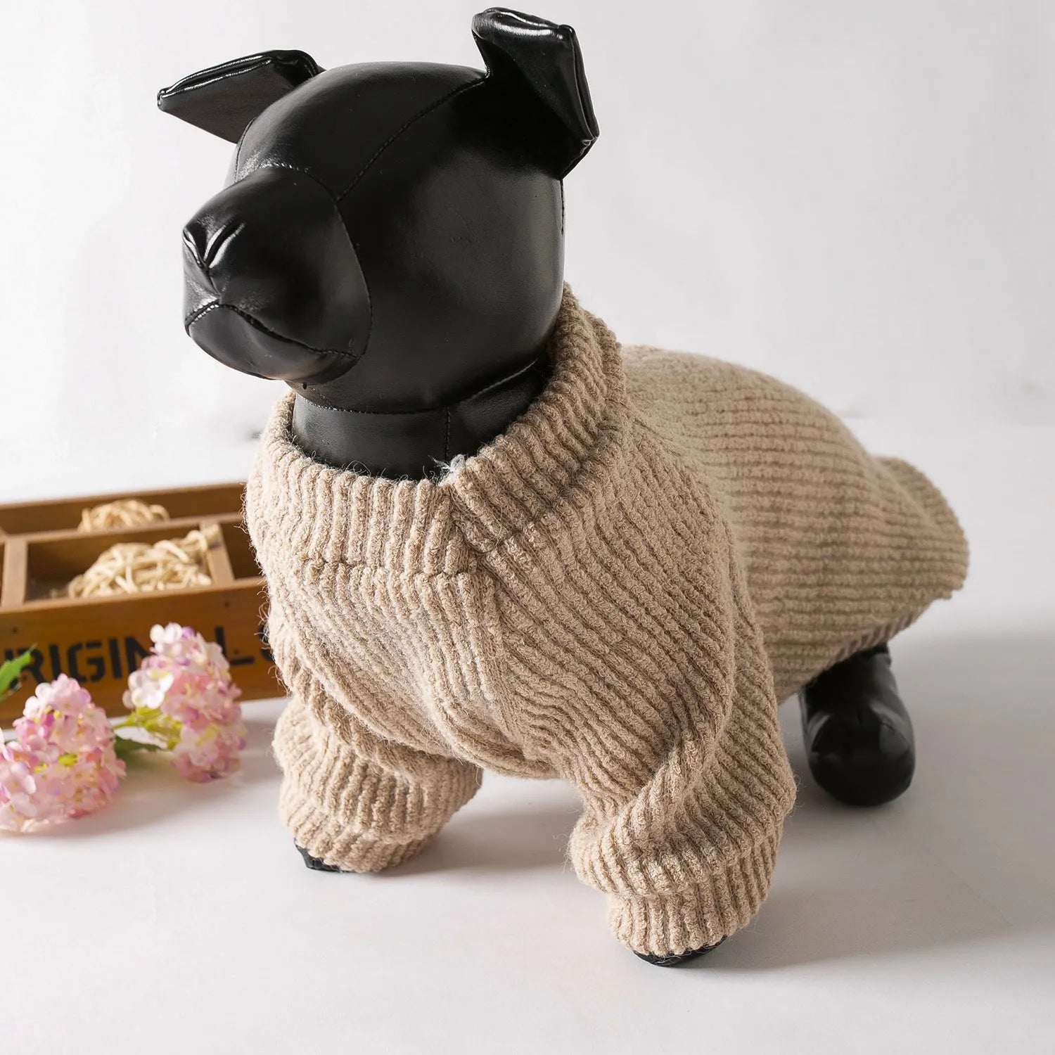 Brown knitted dog sweater pullover for small breeds like Bichon or Pomeranian on a white background