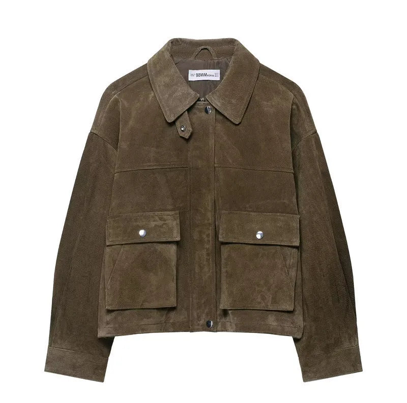 Women's PU fabric jacket in Japanese Korean casual style, shown in picture colour.