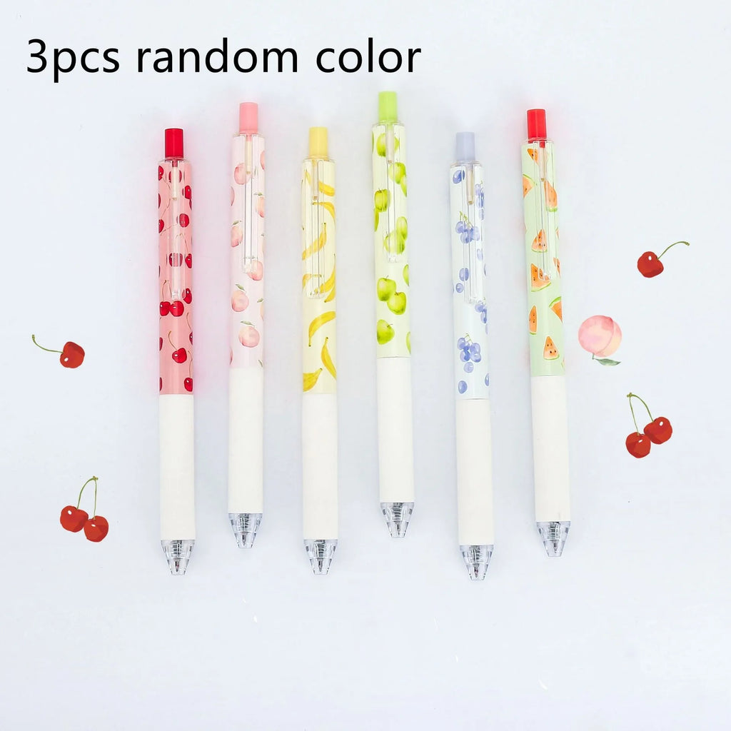 Three fruit scented pressurised pens with 0.5mm black ink and press-action mechanism