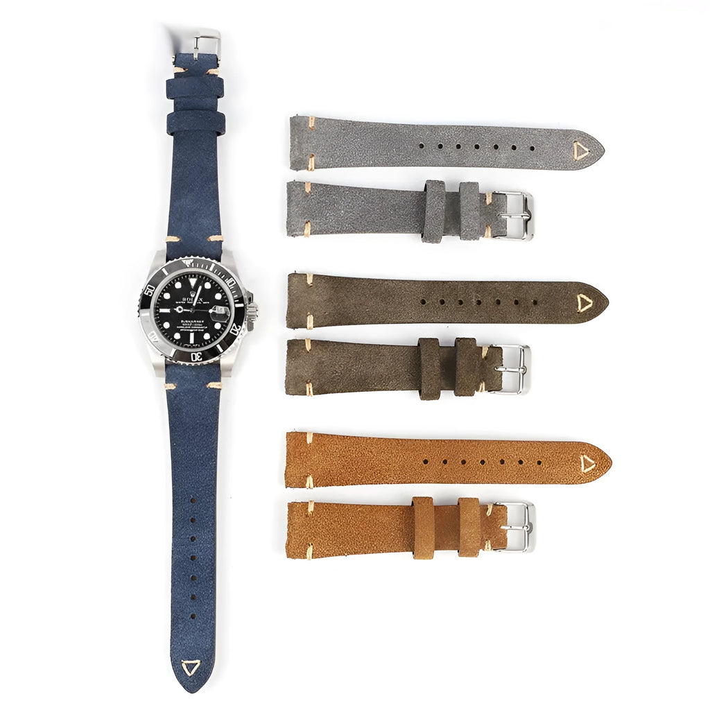 Small waist genuine suede leather watch strap in brown, blue, gray and Army Green colours