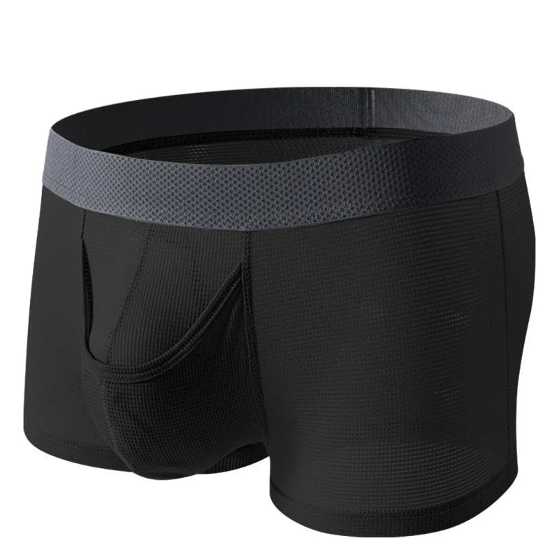 Solid colour men's ice silk boxer shorts with a low waist and knitted mesh fabric.