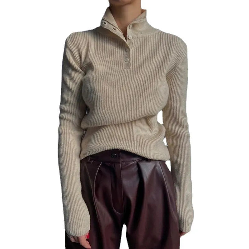 Retro silver gray half turtleneck pullover sweater with single-breasted placket and slim fit design