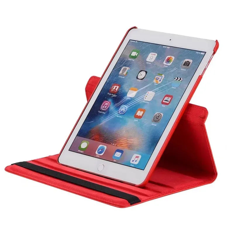 Rotating clamshell iPad protective sleeve in imitation leather, shown in rose red colour.
