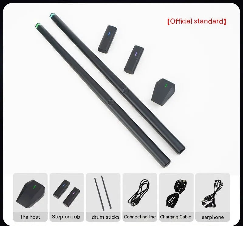 Black wireless somatosensory air drum kit host unit with drumsticks on a table.