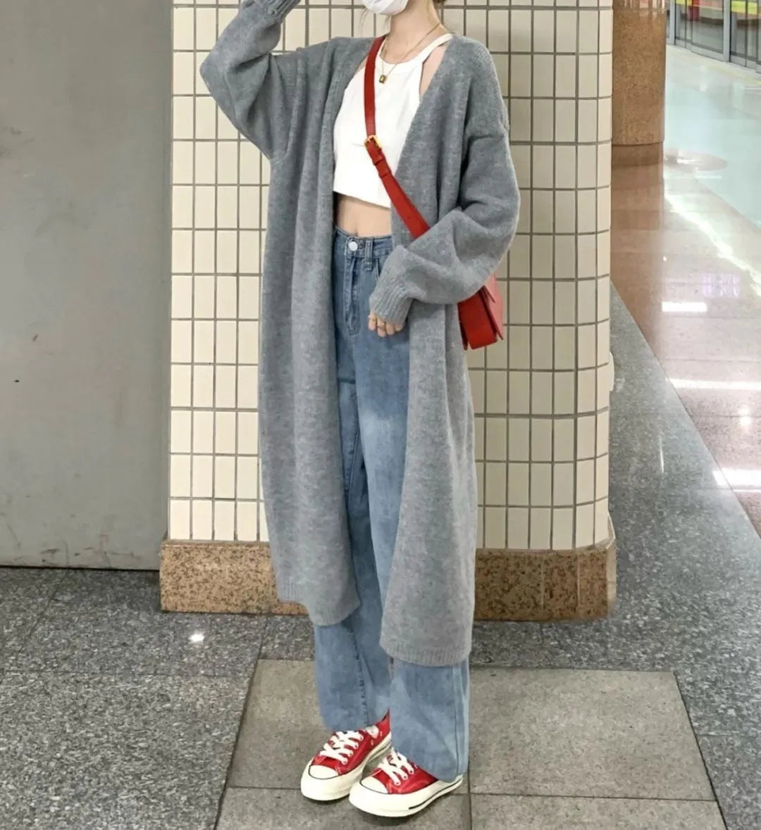Women's loose large knitted cardigan in thick chenille fabric, shown in dark grey.