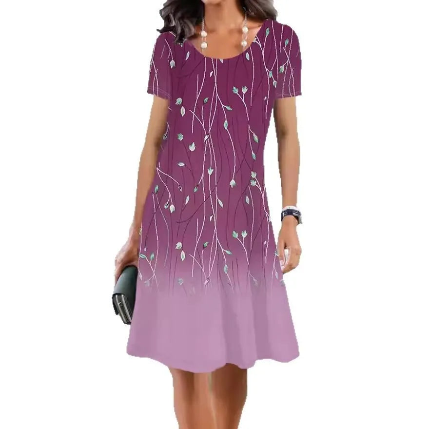 Women's floral print ice silk summer dress with short sleeves and A-line midi skirt.
