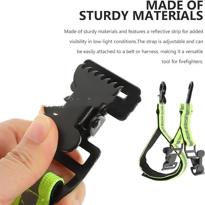 Fluorescent green metal safety glove clip with reflective tape and adjustable buckle.