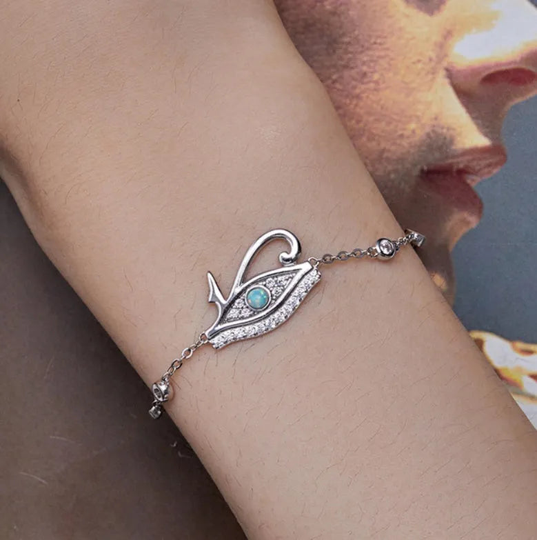 Silver Horus eye bracelet with opal detail, electroplated 925 silver women's bracelet