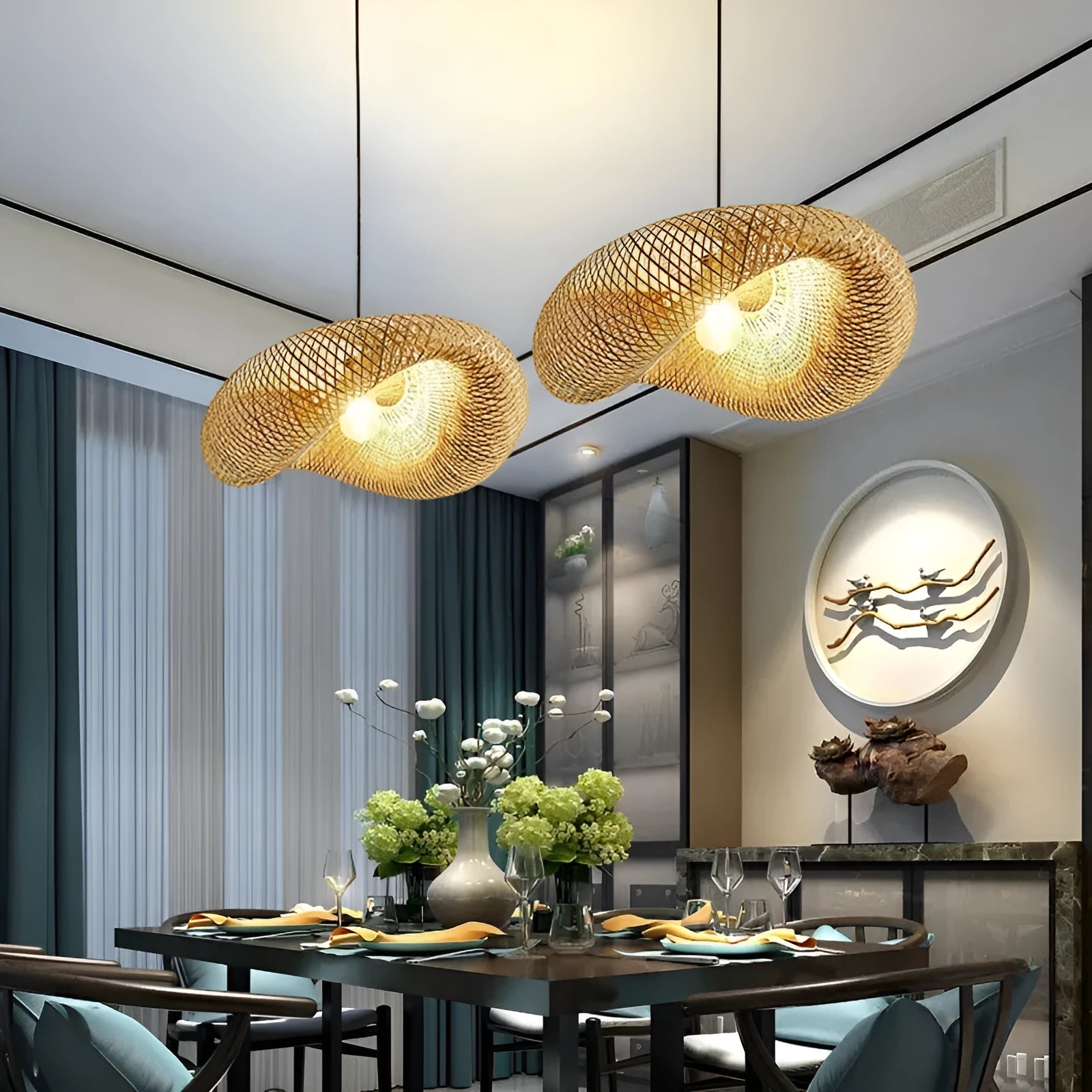 Natural bamboo straw hat shaped hanging chandelier ceiling light on white background.