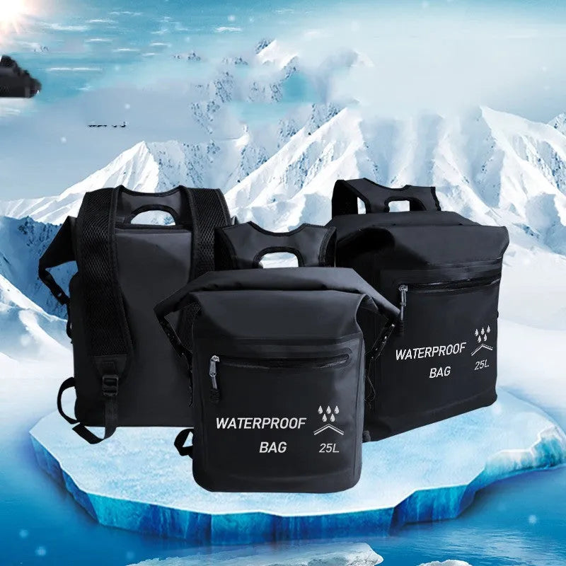 Black 25 litre waterproof backpack for outdoor swimming and water activities
