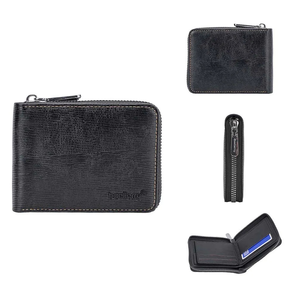 Black leather credit card wallet with embossed pattern and anti-theft zipper closure