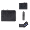 Black leather credit card wallet with embossed pattern and anti-theft zipper closure