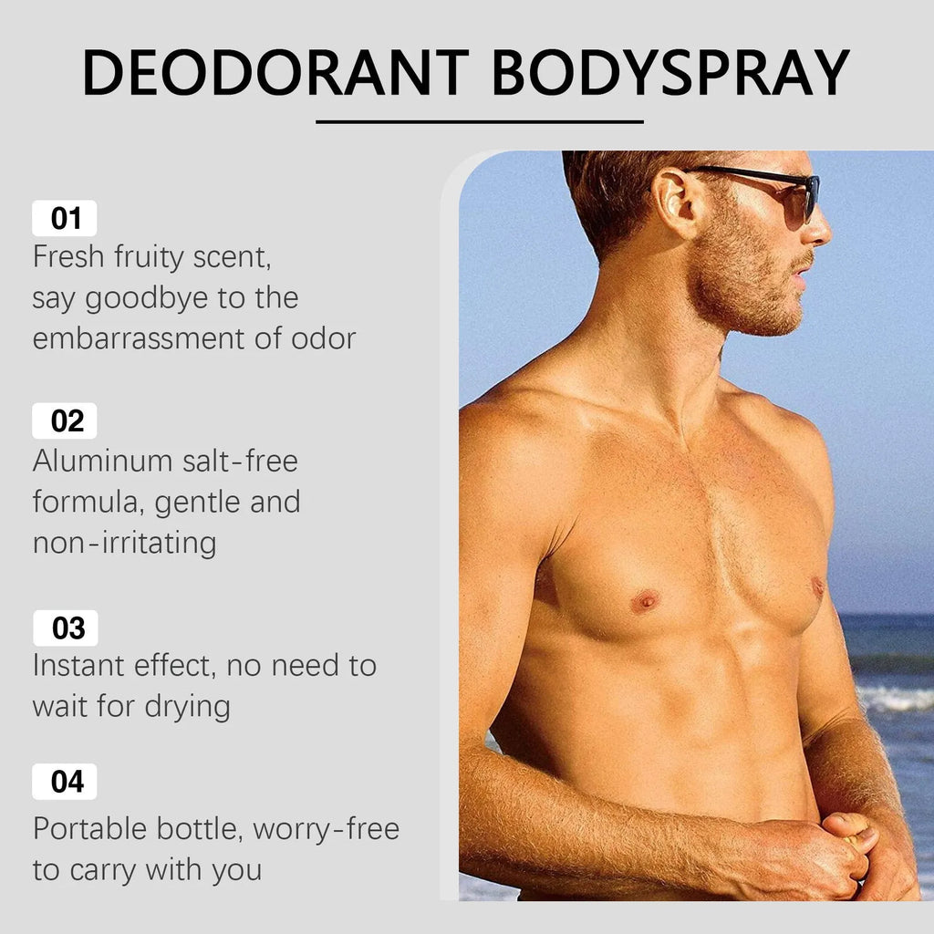 Men's Fruit Fragrance Care Spray 100ml body mist bottle with citrus and mango scent on white background