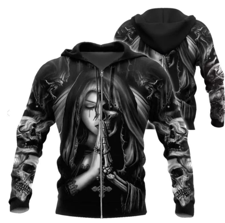 Halloween skull anime 3D hooded sweatshirt with long sleeves, shown in three colour options and Asian sizes S to 5XL.